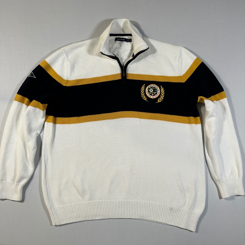 Y2K‎ Nautica Sweater Mens XL Cream 1/4 Zip Nautical Sailing Crest Knit Preppy